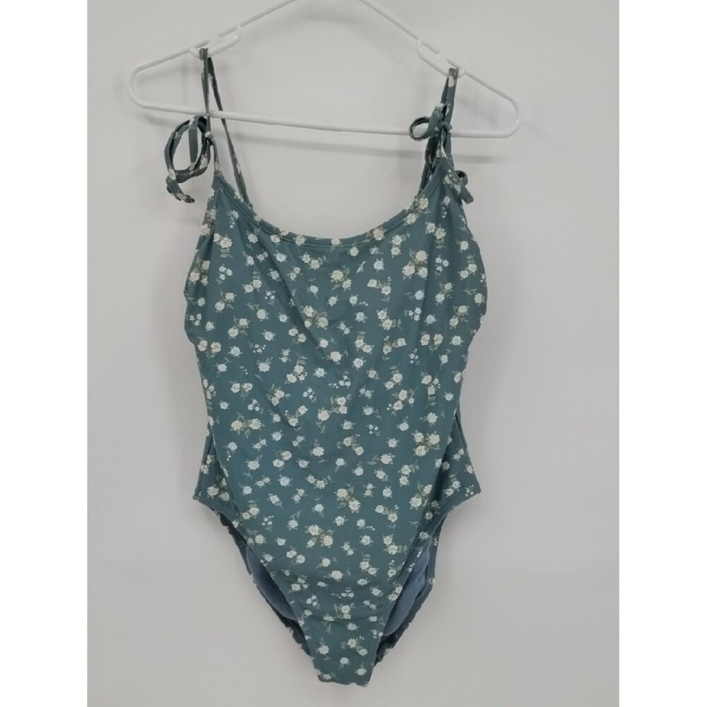 Shade & Shore Dusty Teal Floral One-Piece Swimsuit Medium 8-10